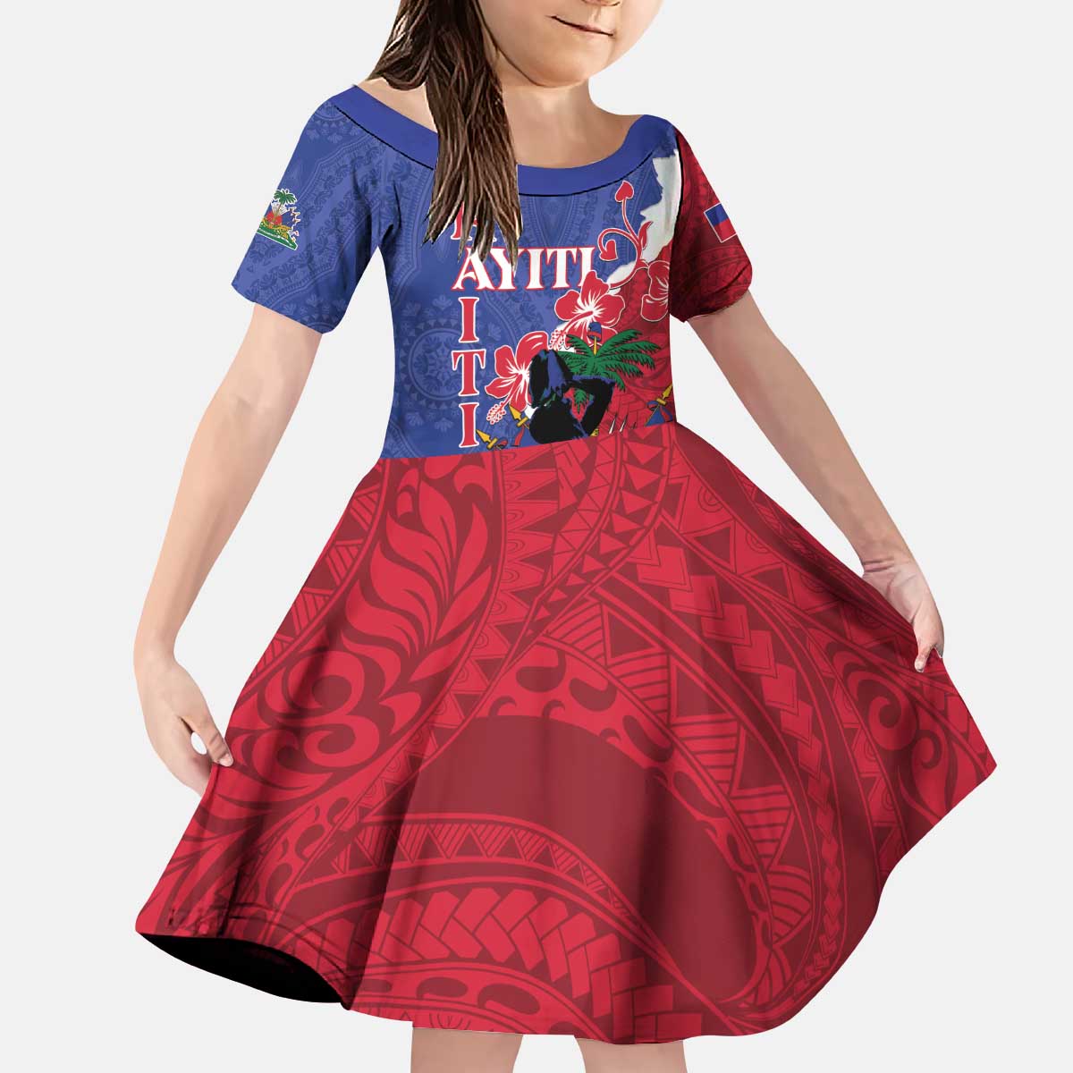 Personalised Haiti Le Marron Inconnu Kid Short Sleeve Dress Dashiki Mix Polynesian Pattern - Wonder Print Shop