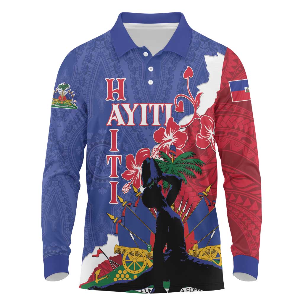 Personalised Haiti Le Marron Inconnu Long Sleeve Polo Shirt Dashiki Mix Polynesian Pattern - Wonder Print Shop