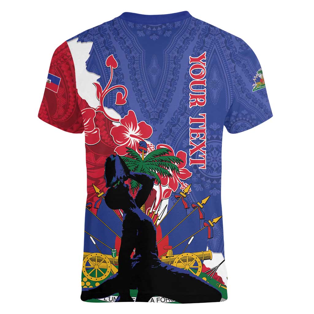 Personalised Haiti Le Marron Inconnu Women V-Neck T-Shirt Dashiki Mix Polynesian Pattern - Wonder Print Shop