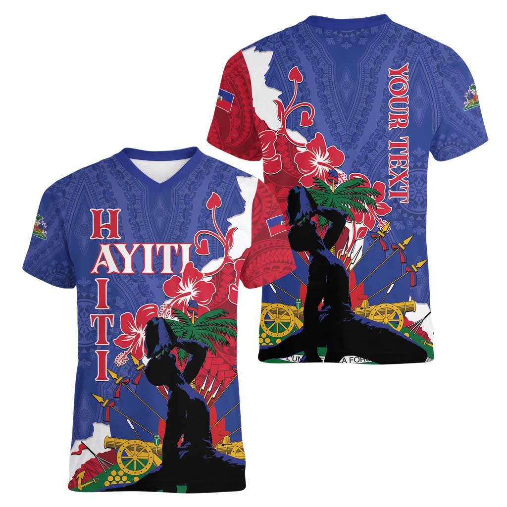 Personalised Haiti Le Marron Inconnu Women V-Neck T-Shirt Dashiki Mix Polynesian Pattern - Wonder Print Shop