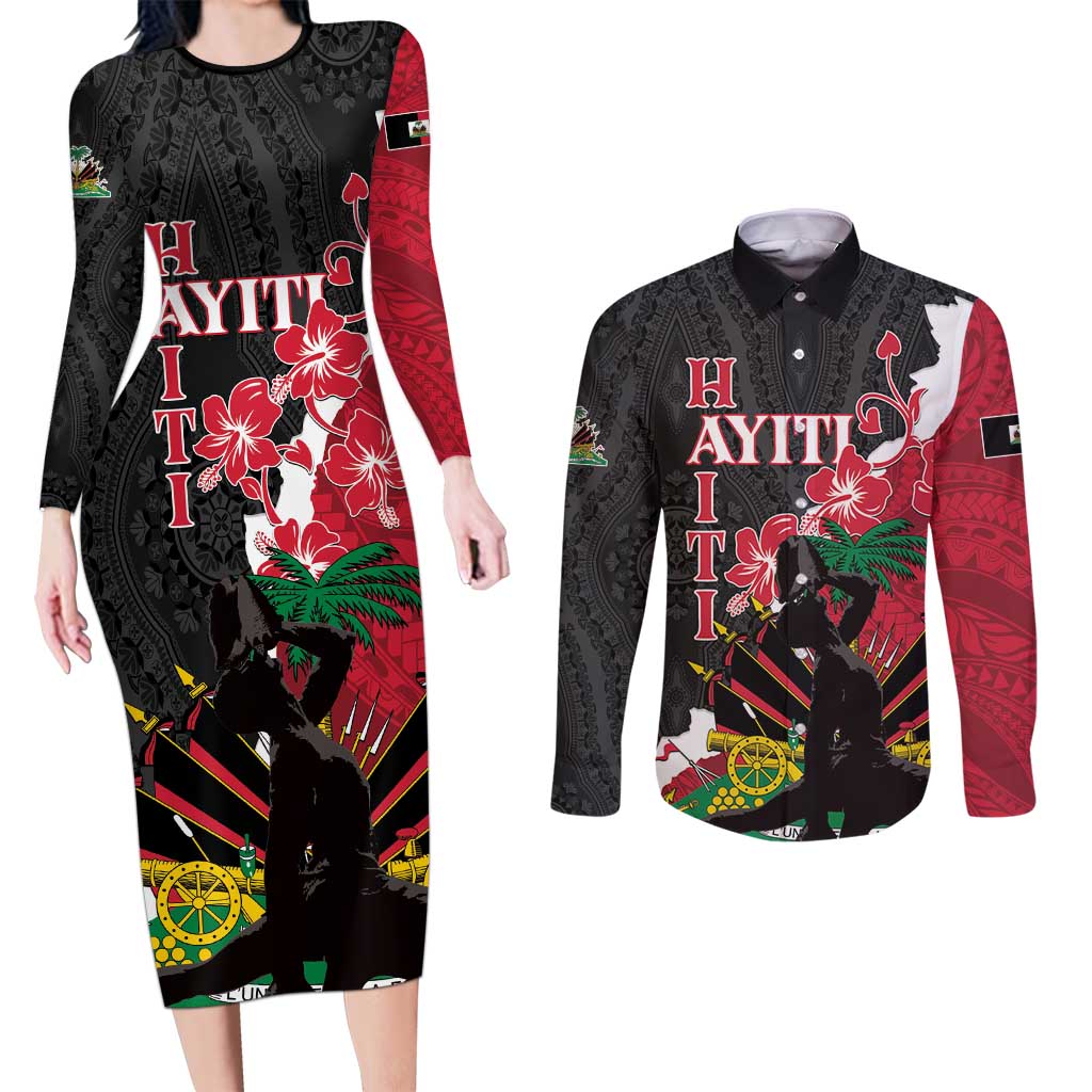 Personalised Ayiti Neg Marron Couples Matching Long Sleeve Bodycon Dress and Long Sleeve Button Shirt Dashiki Mix Polynesian Pattern - Wonder Print Shop