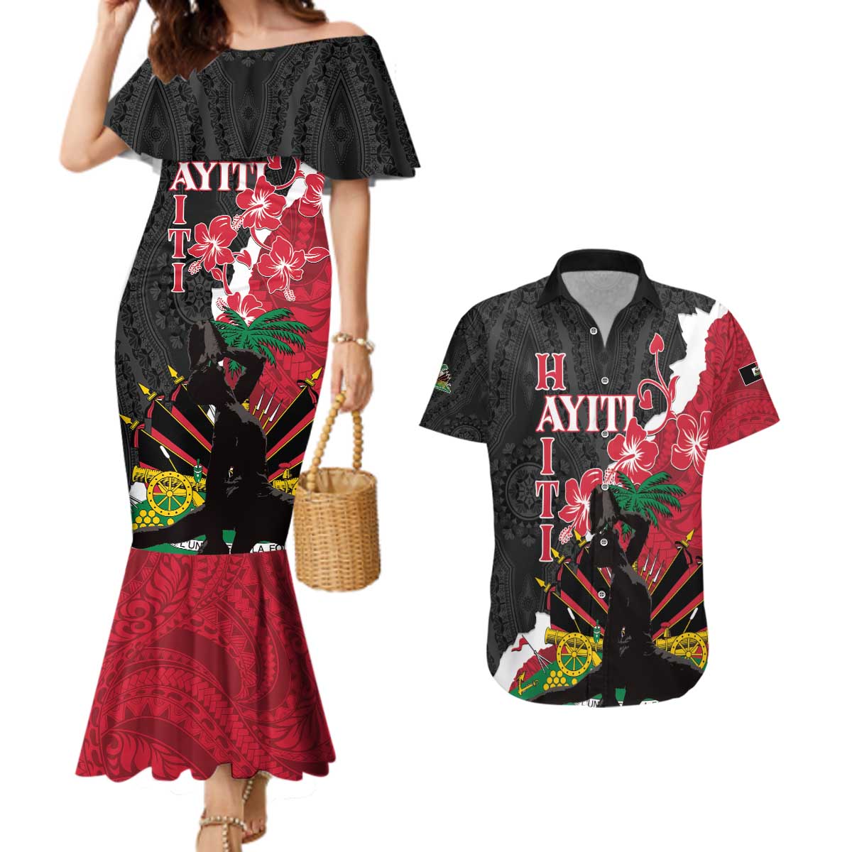 Personalised Ayiti Neg Marron Couples Matching Mermaid Dress and Hawaiian Shirt Dashiki Mix Polynesian Pattern - Wonder Print Shop