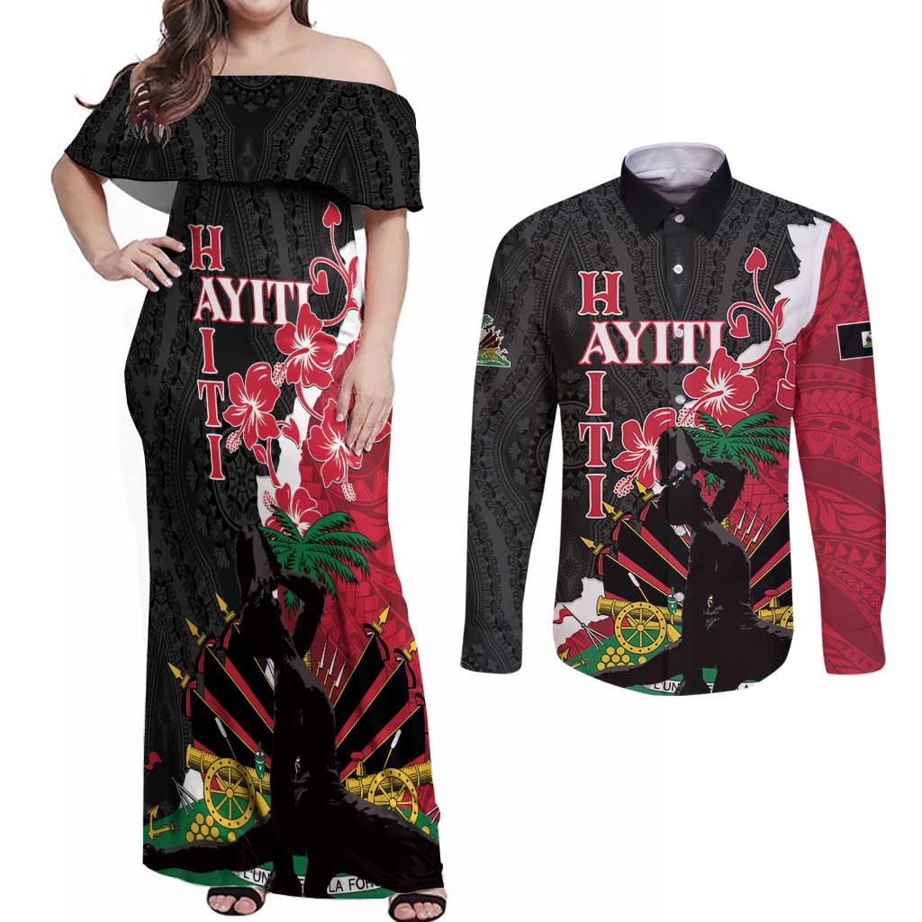 Personalised Ayiti Neg Marron Couples Matching Off Shoulder Maxi Dress and Long Sleeve Button Shirt Dashiki Mix Polynesian Pattern - Wonder Print Shop