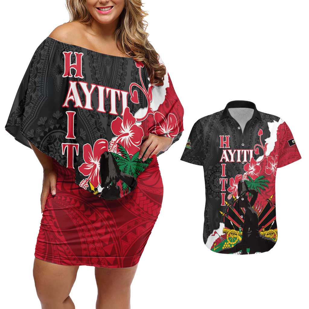 Personalised Ayiti Neg Marron Couples Matching Off Shoulder Short Dress and Hawaiian Shirt Dashiki Mix Polynesian Pattern - Wonder Print Shop