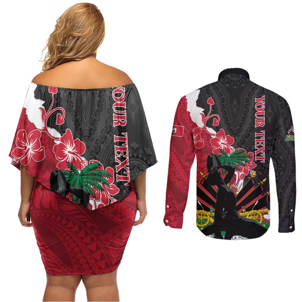 Personalised Ayiti Neg Marron Couples Matching Off Shoulder Short Dress and Long Sleeve Button Shirt Dashiki Mix Polynesian Pattern - Wonder Print Shop