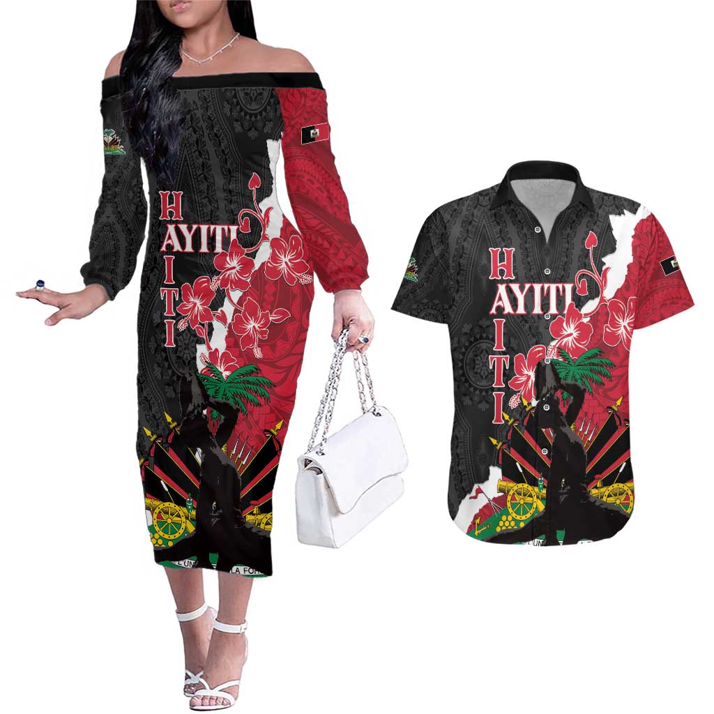 Personalised Ayiti Neg Marron Couples Matching Off The Shoulder Long Sleeve Dress and Hawaiian Shirt Dashiki Mix Polynesian Pattern - Wonder Print Shop