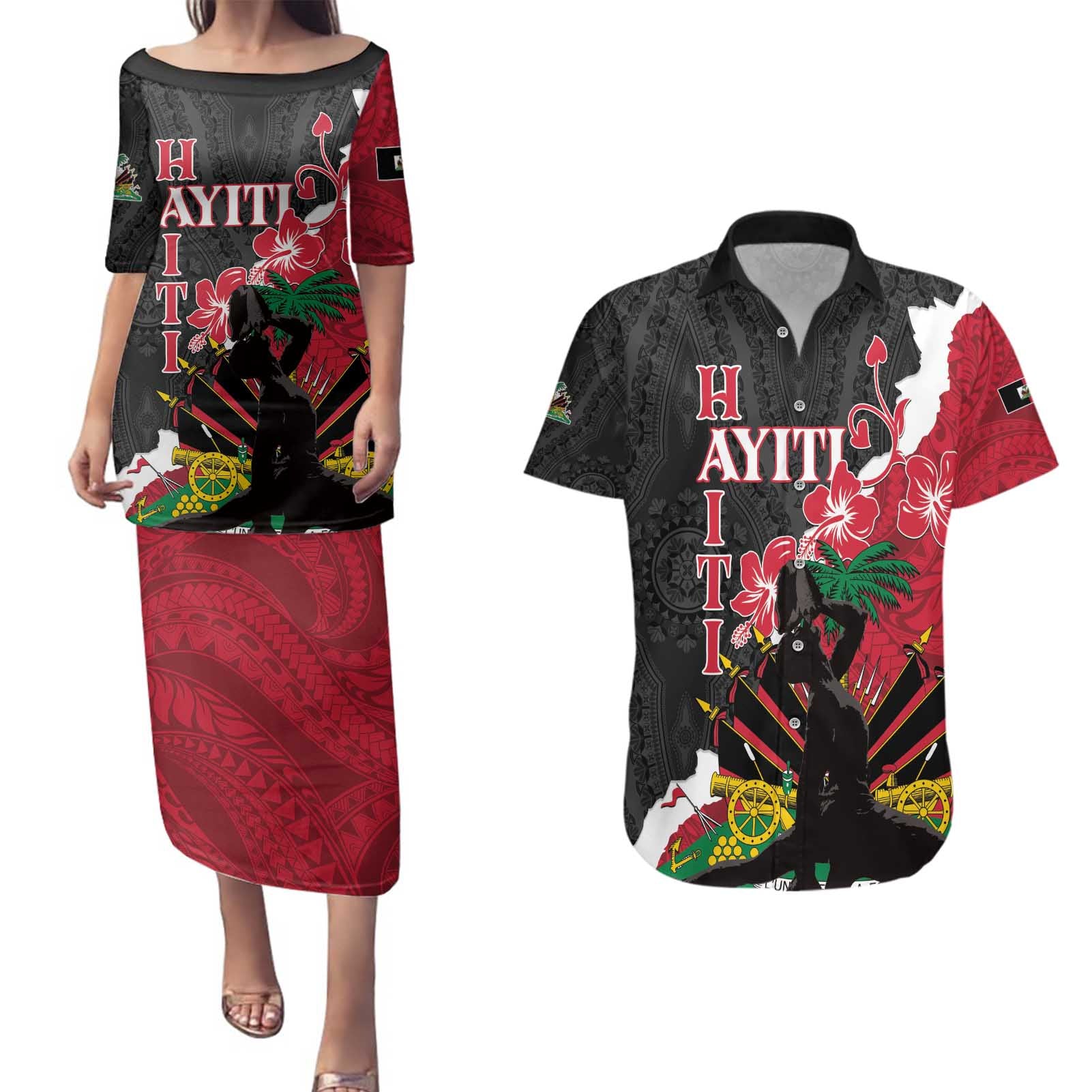 Personalised Ayiti Neg Marron Couples Matching Puletasi and Hawaiian Shirt Dashiki Mix Polynesian Pattern - Wonder Print Shop