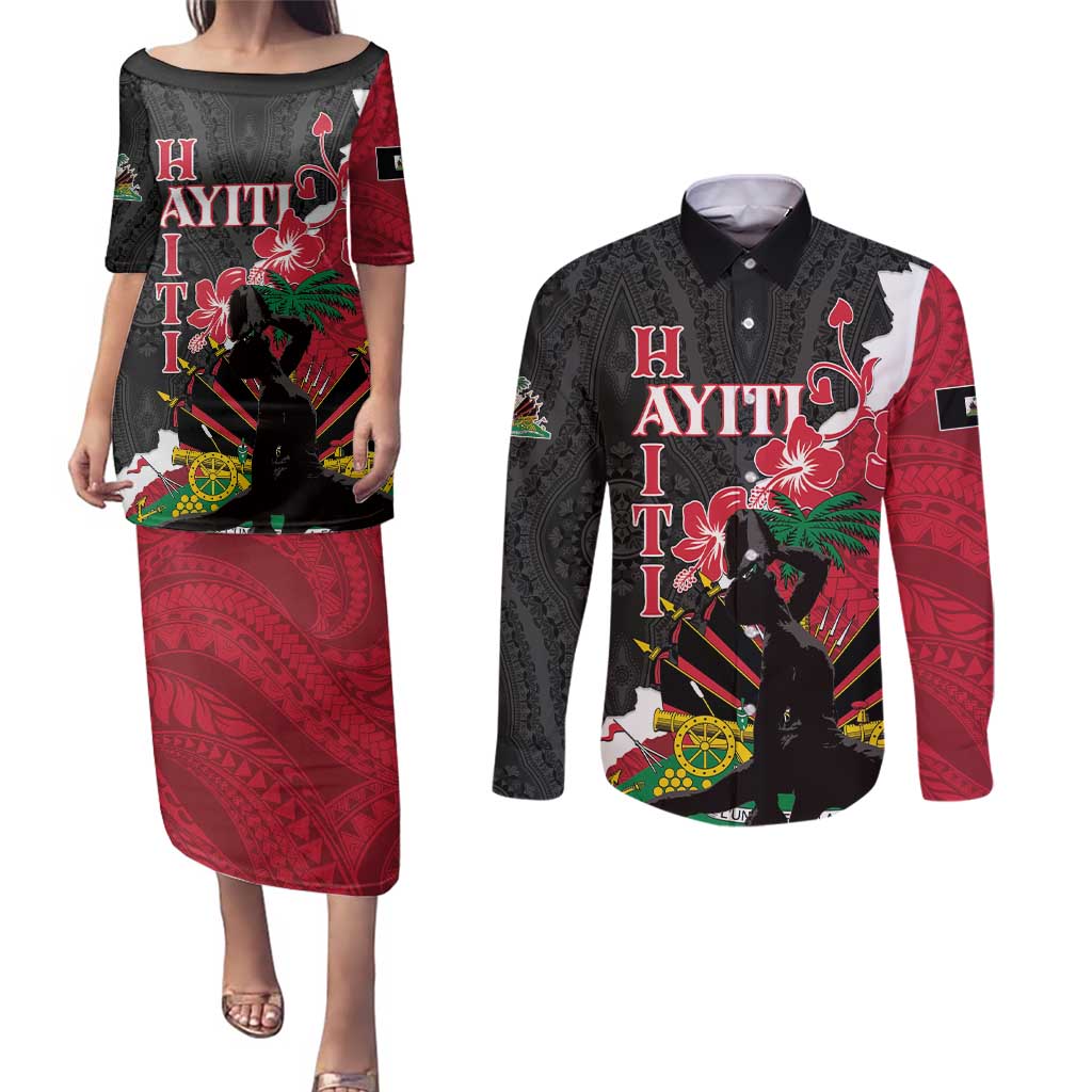 Personalised Ayiti Neg Marron Couples Matching Puletasi and Long Sleeve Button Shirt Dashiki Mix Polynesian Pattern - Wonder Print Shop