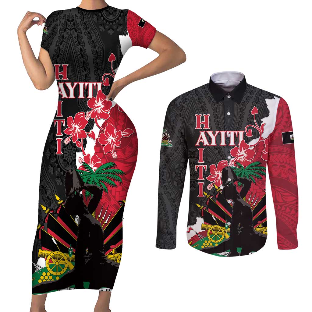 Personalised Ayiti Neg Marron Couples Matching Short Sleeve Bodycon Dress and Long Sleeve Button Shirt Dashiki Mix Polynesian Pattern - Wonder Print Shop