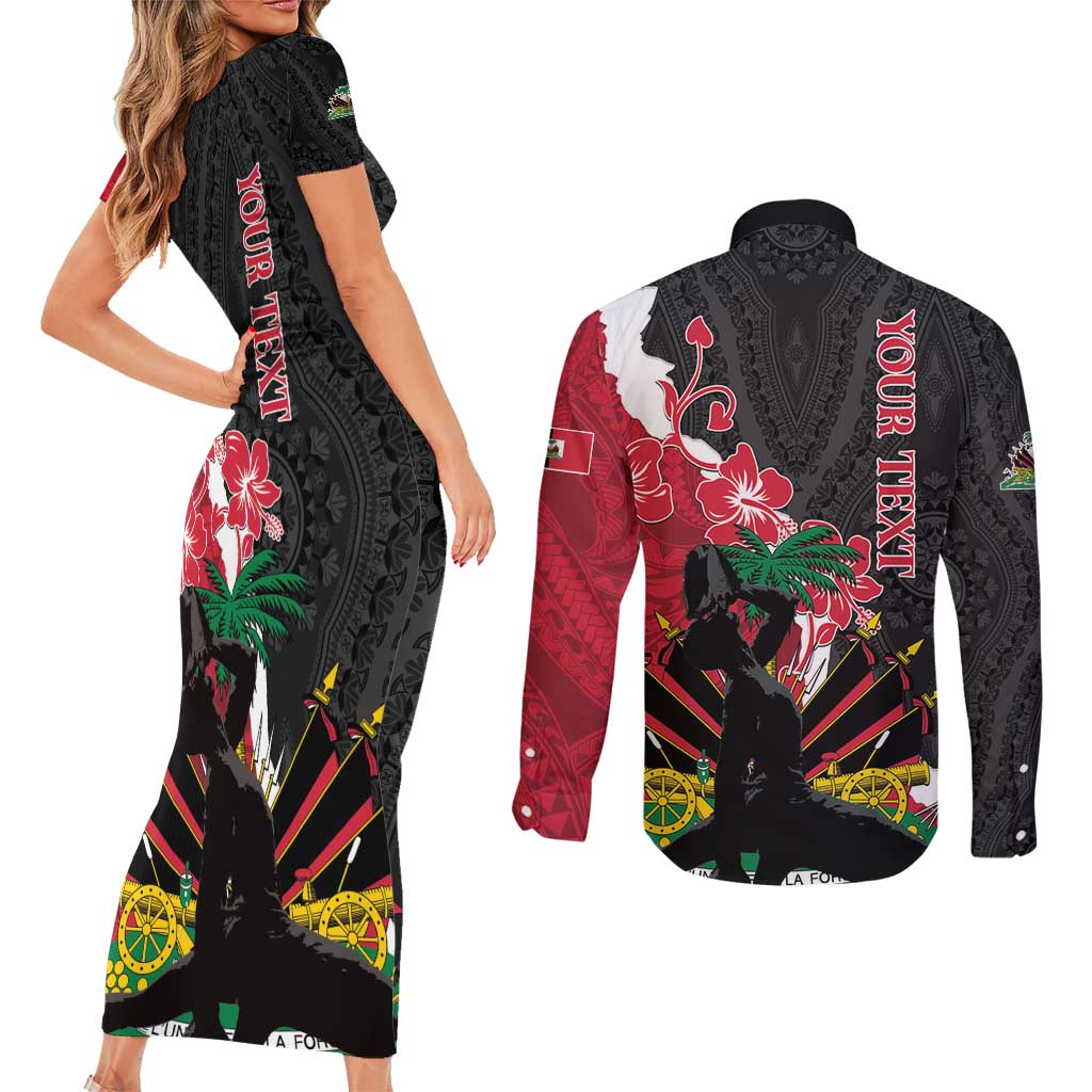 Personalised Ayiti Neg Marron Couples Matching Short Sleeve Bodycon Dress and Long Sleeve Button Shirt Dashiki Mix Polynesian Pattern - Wonder Print Shop