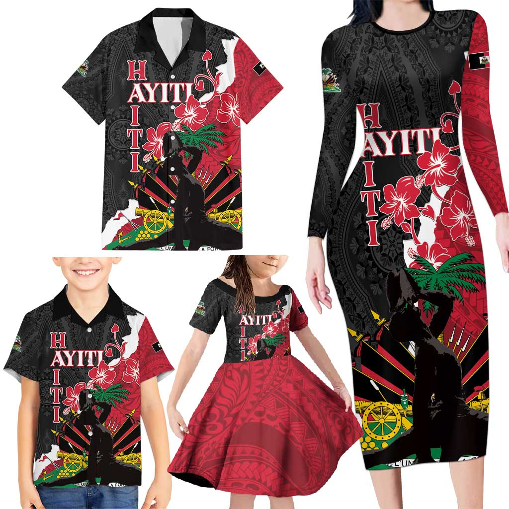 Personalised Ayiti Neg Marron Family Matching Long Sleeve Bodycon Dress and Hawaiian Shirt Dashiki Mix Polynesian Pattern - Wonder Print Shop