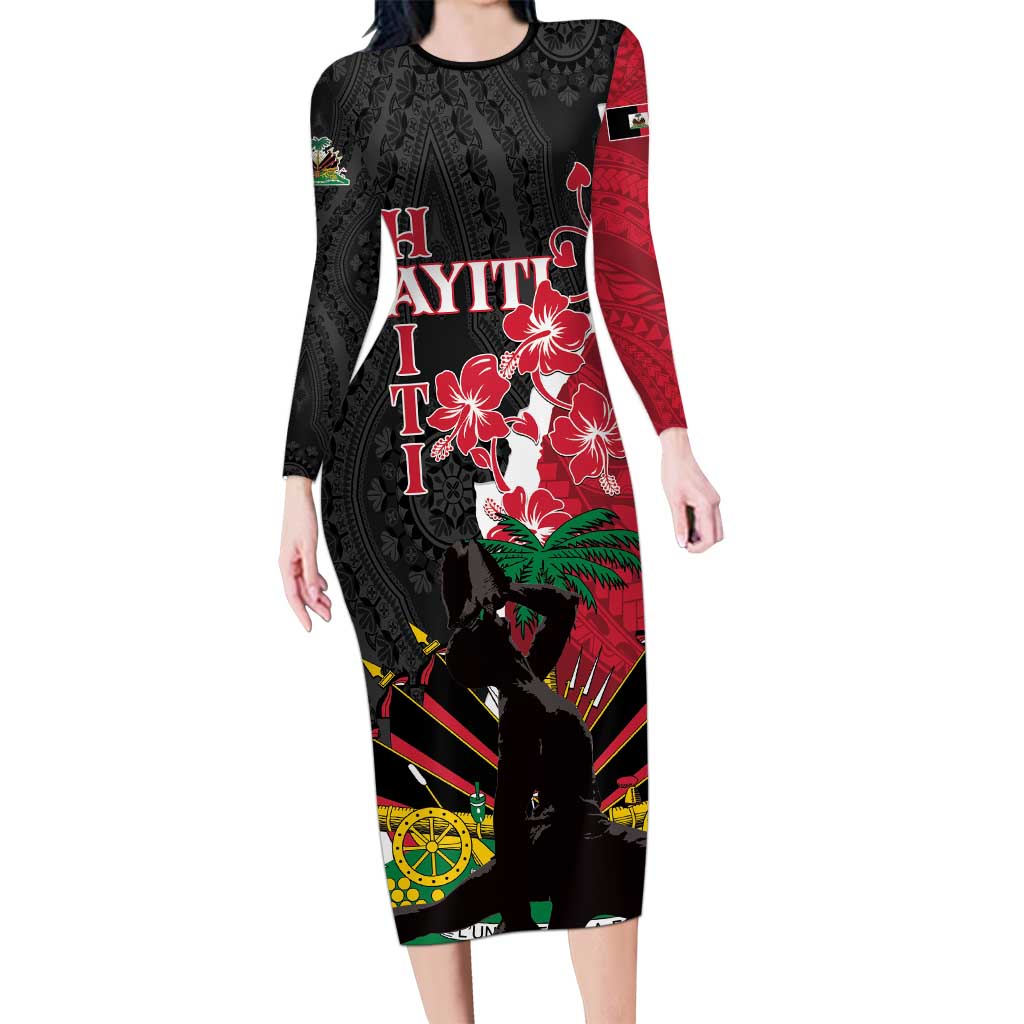 Personalised Ayiti Neg Marron Family Matching Long Sleeve Bodycon Dress and Hawaiian Shirt Dashiki Mix Polynesian Pattern - Wonder Print Shop