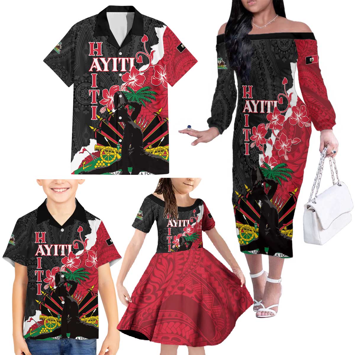 Personalised Ayiti Neg Marron Family Matching Off The Shoulder Long Sleeve Dress and Hawaiian Shirt Dashiki Mix Polynesian Pattern - Wonder Print Shop