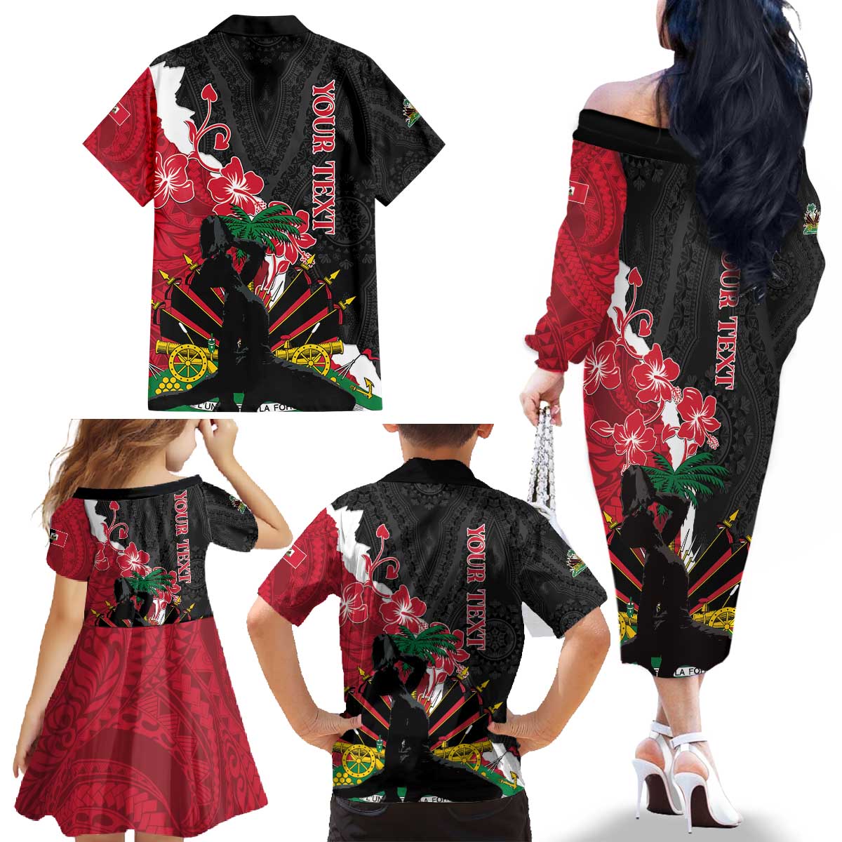 Personalised Ayiti Neg Marron Family Matching Off The Shoulder Long Sleeve Dress and Hawaiian Shirt Dashiki Mix Polynesian Pattern - Wonder Print Shop