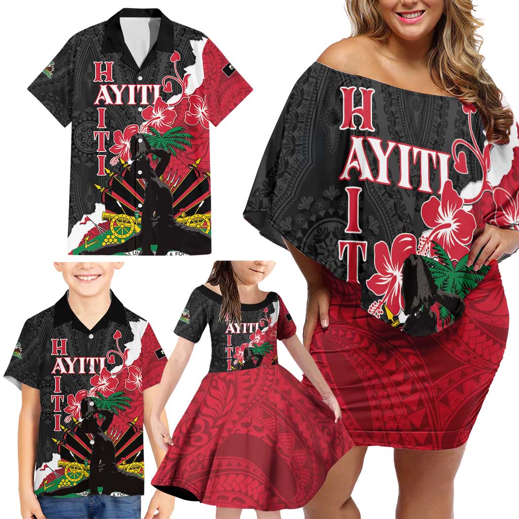 Personalised Ayiti Neg Marron Family Matching Off Shoulder Short Dress and Hawaiian Shirt Dashiki Mix Polynesian Pattern - Wonder Print Shop