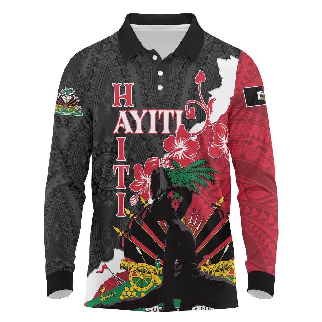 Personalised Ayiti Neg Marron Long Sleeve Polo Shirt Dashiki Mix Polynesian Pattern - Wonder Print Shop