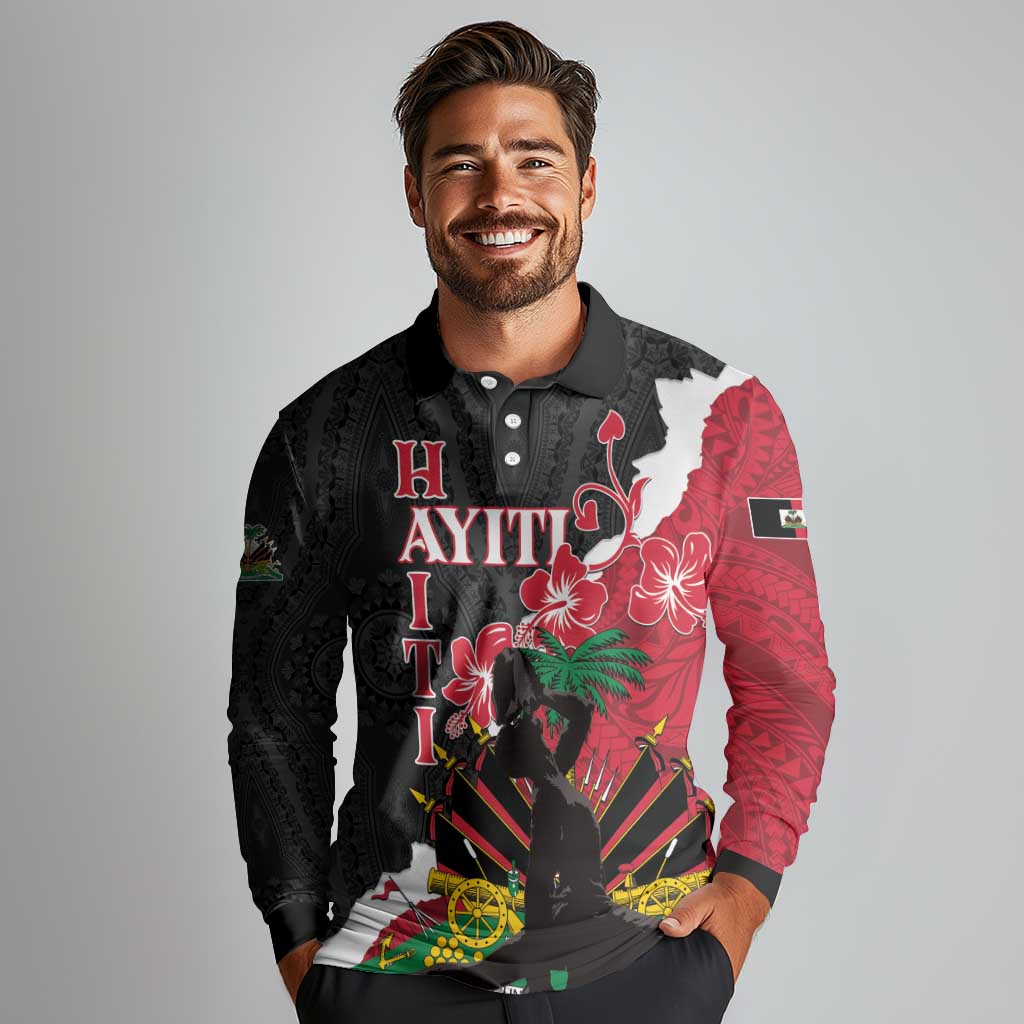 Personalised Ayiti Neg Marron Long Sleeve Polo Shirt Dashiki Mix Polynesian Pattern - Wonder Print Shop