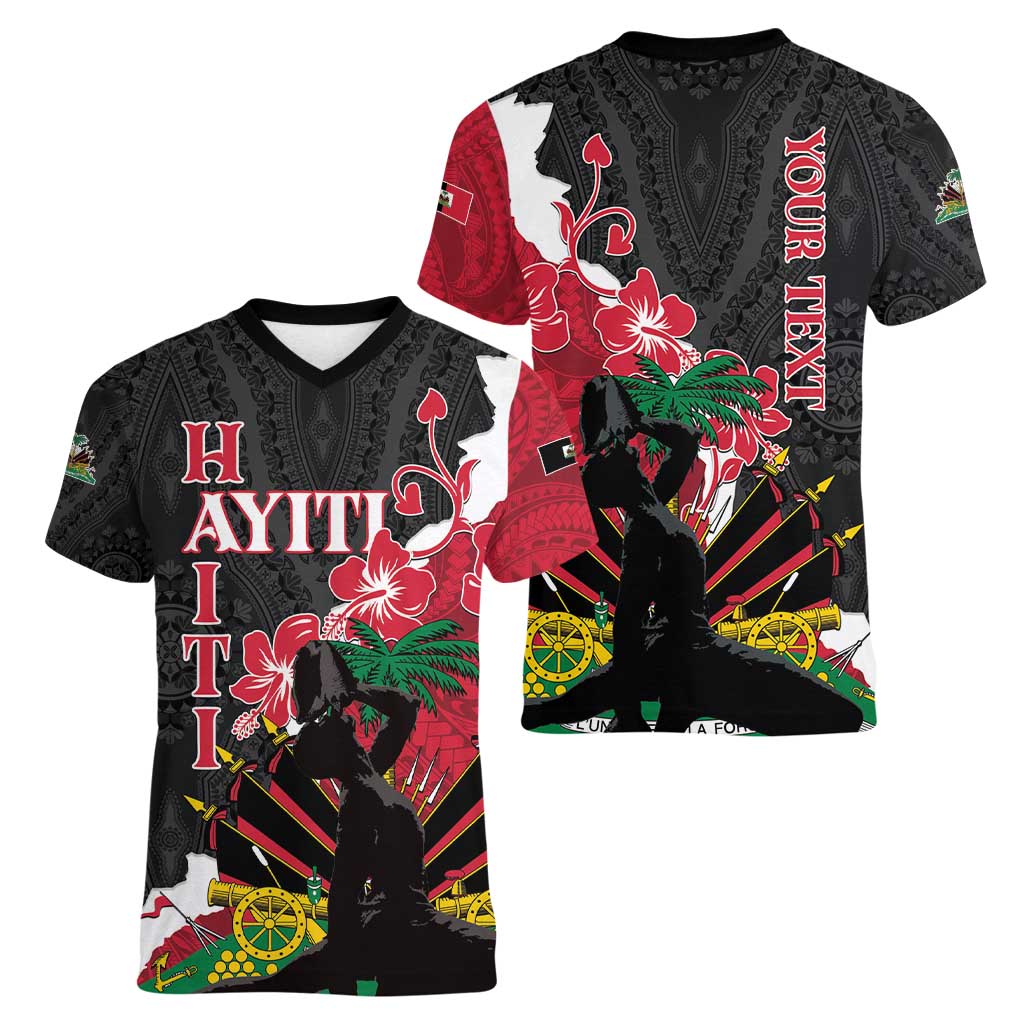 Personalised Ayiti Neg Marron Women V-Neck T-Shirt Dashiki Mix Polynesian Pattern - Wonder Print Shop