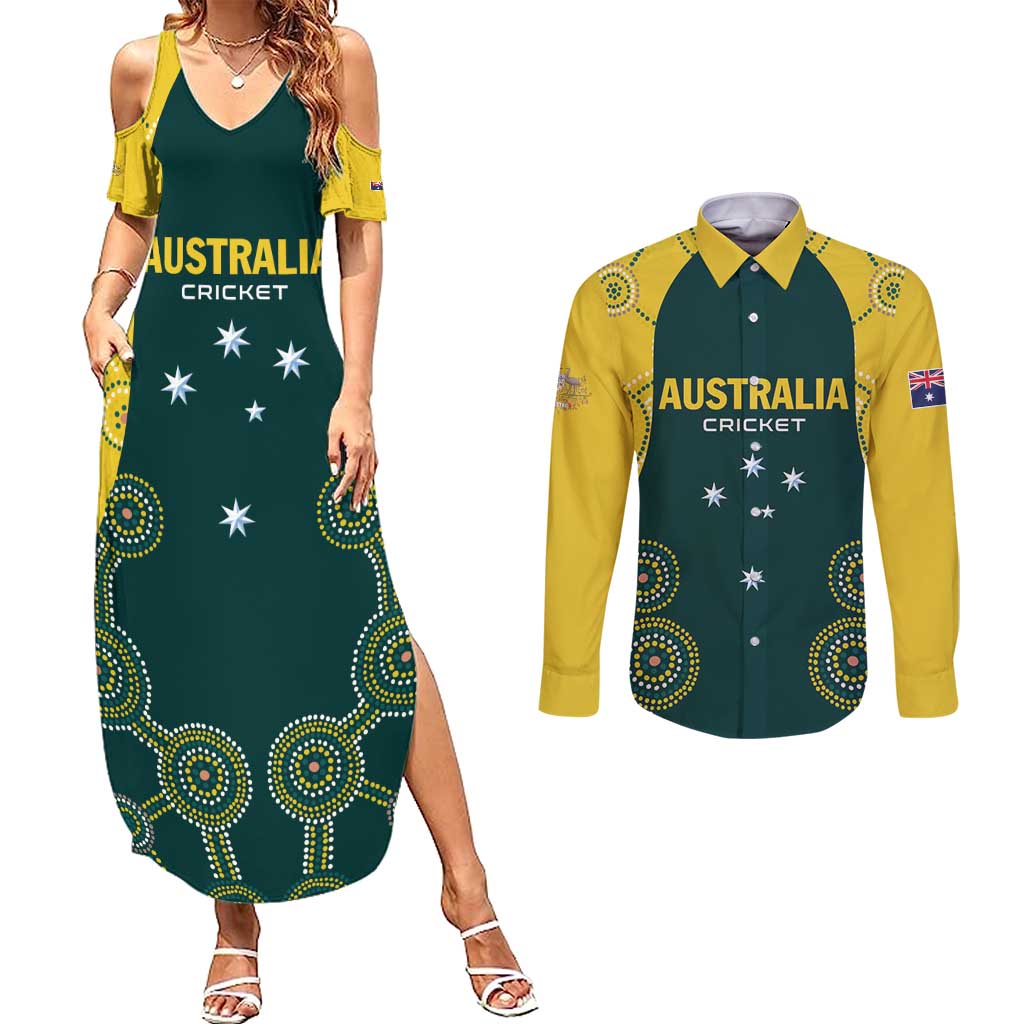 Custom Australia Cricket Couples Matching Summer Maxi Dress and Long Sleeve Button Shirt Aussies Champions - Wonder Print Shop
