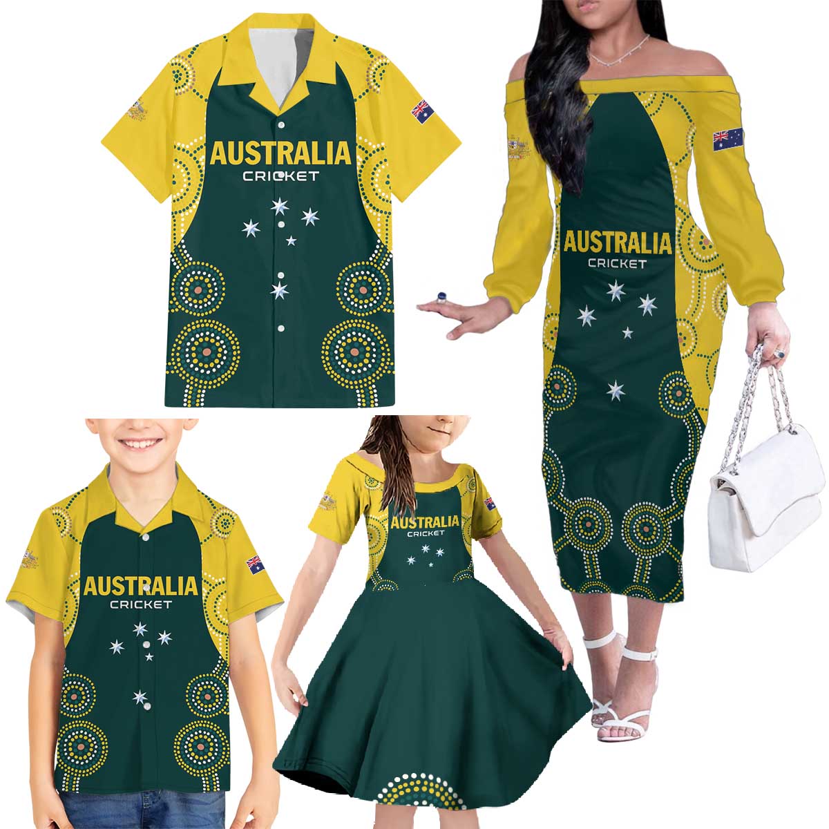 Custom Australia Cricket Family Matching Off The Shoulder Long Sleeve Dress and Hawaiian Shirt Aussies Champions - Wonder Print Shop