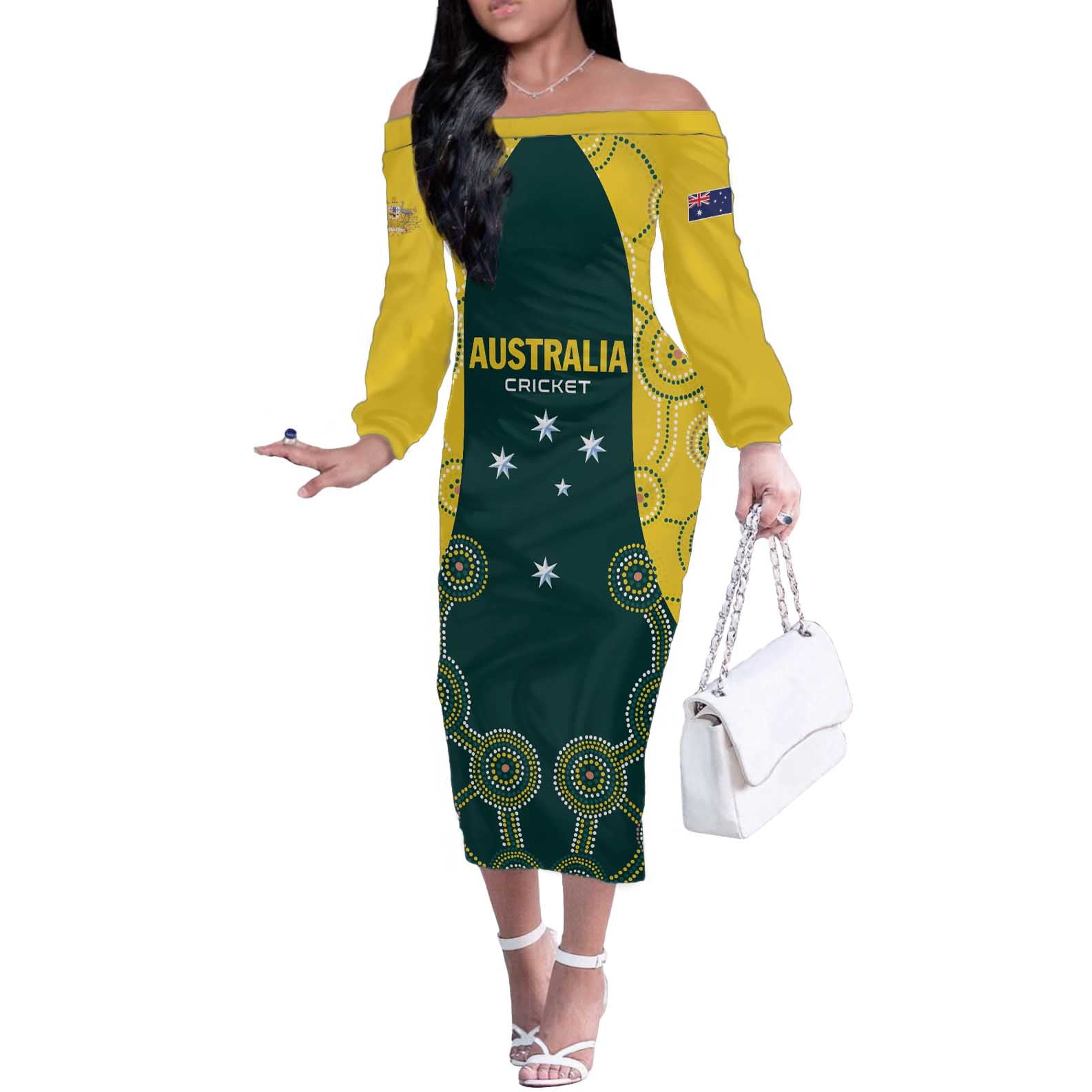 Custom Australia Cricket Off The Shoulder Long Sleeve Dress Aussies Champions - Wonder Print Shop