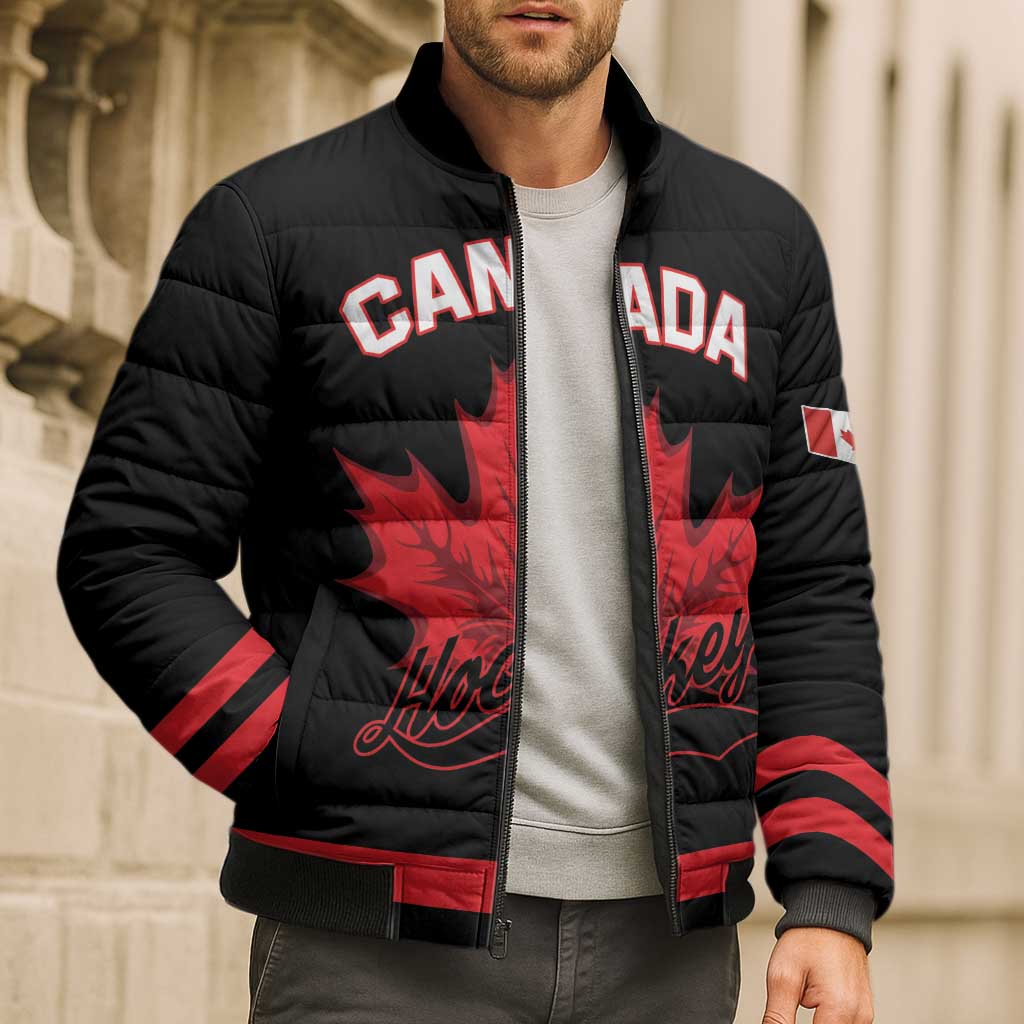 Custom Canada 2026 Hockey Bomber Puffer Jacket Team Maple Leaf Black Version - Wonder Print Shop