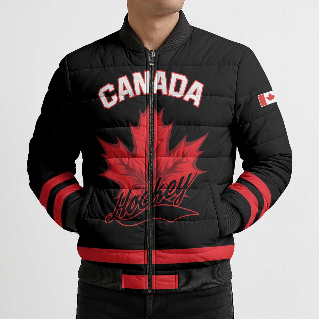 Custom Canada 2026 Hockey Bomber Puffer Jacket Team Maple Leaf Black Version - Wonder Print Shop
