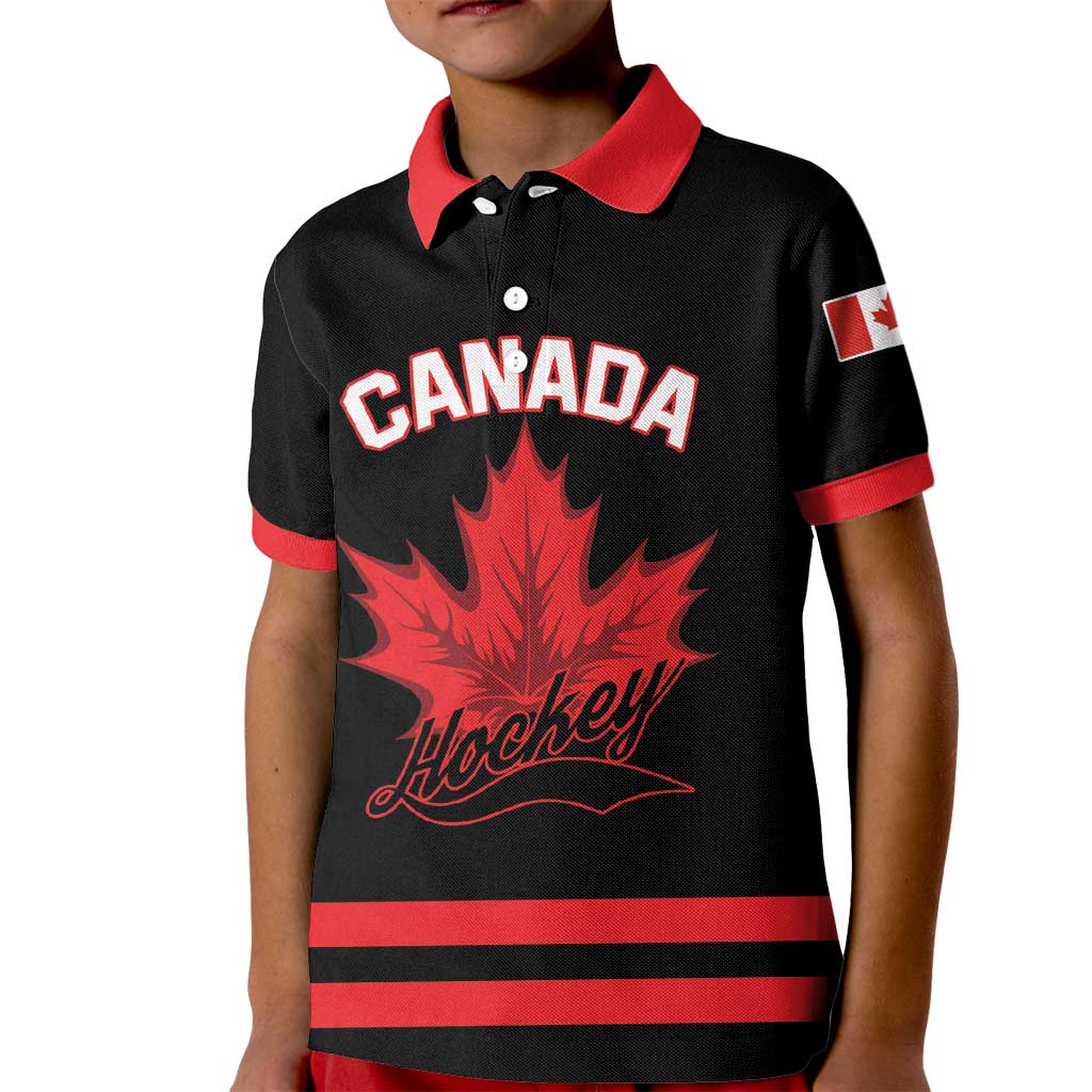 Custom Canada 2026 Hockey Kid Polo Shirt Team Maple Leaf Black Version - Wonder Print Shop