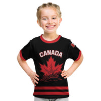 Custom Canada 2026 Hockey Kid T Shirt Team Maple Leaf Black Version - Wonder Print Shop