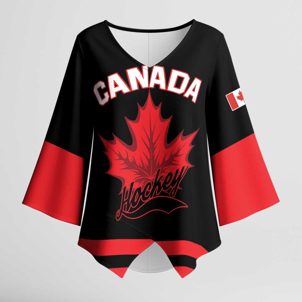 Custom Canada 2026 Hockey Kimono Sleeve Blouse Team Maple Leaf Black Version - Wonder Print Shop