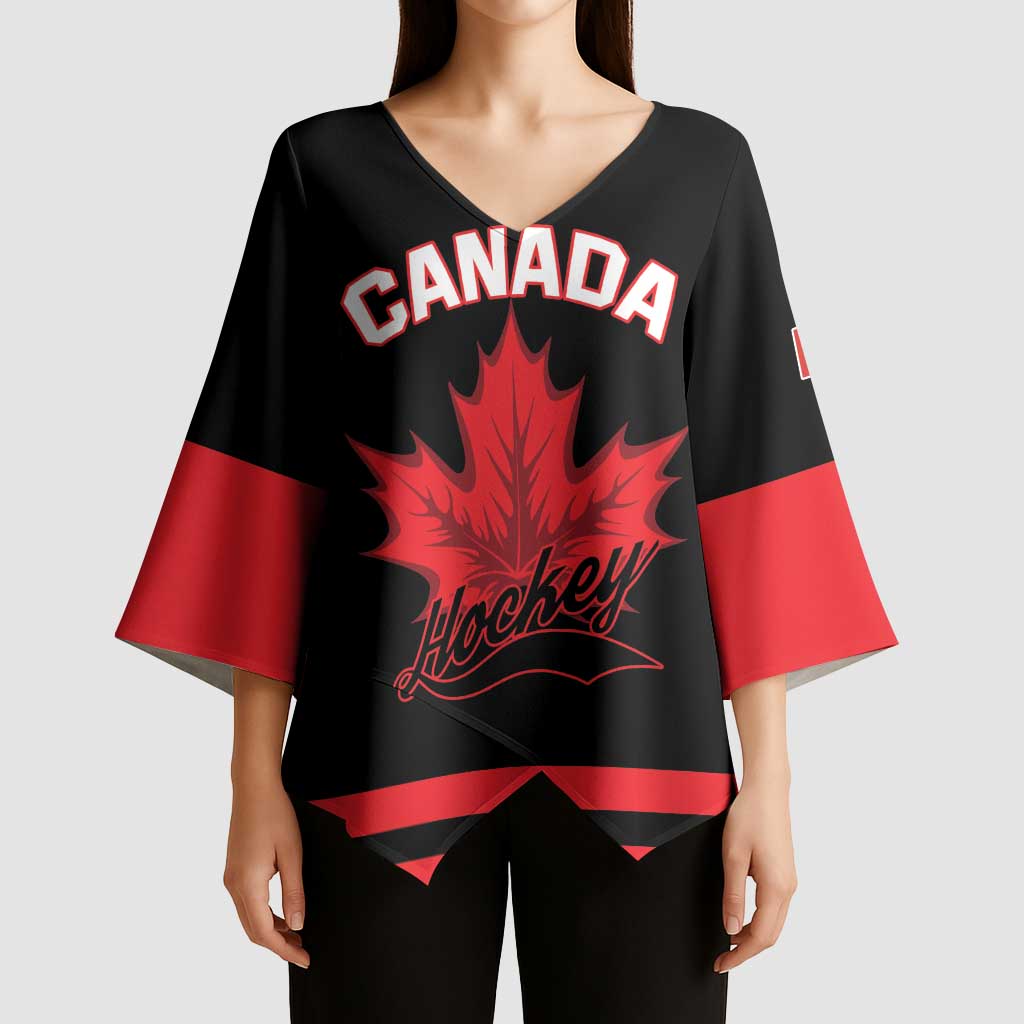 Custom Canada 2026 Hockey Kimono Sleeve Blouse Team Maple Leaf Black Version - Wonder Print Shop
