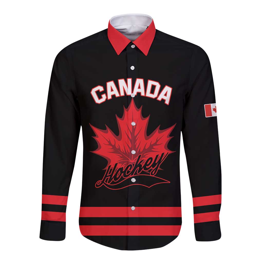 Custom Canada 2026 Hockey Long Sleeve Button Shirt Team Maple Leaf Black Version - Wonder Print Shop