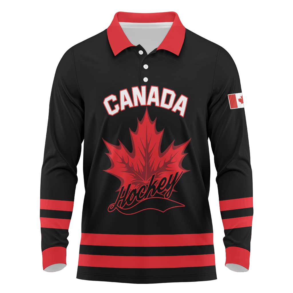 Custom Canada 2026 Hockey Long Sleeve Polo Shirt Team Maple Leaf Black Version - Wonder Print Shop