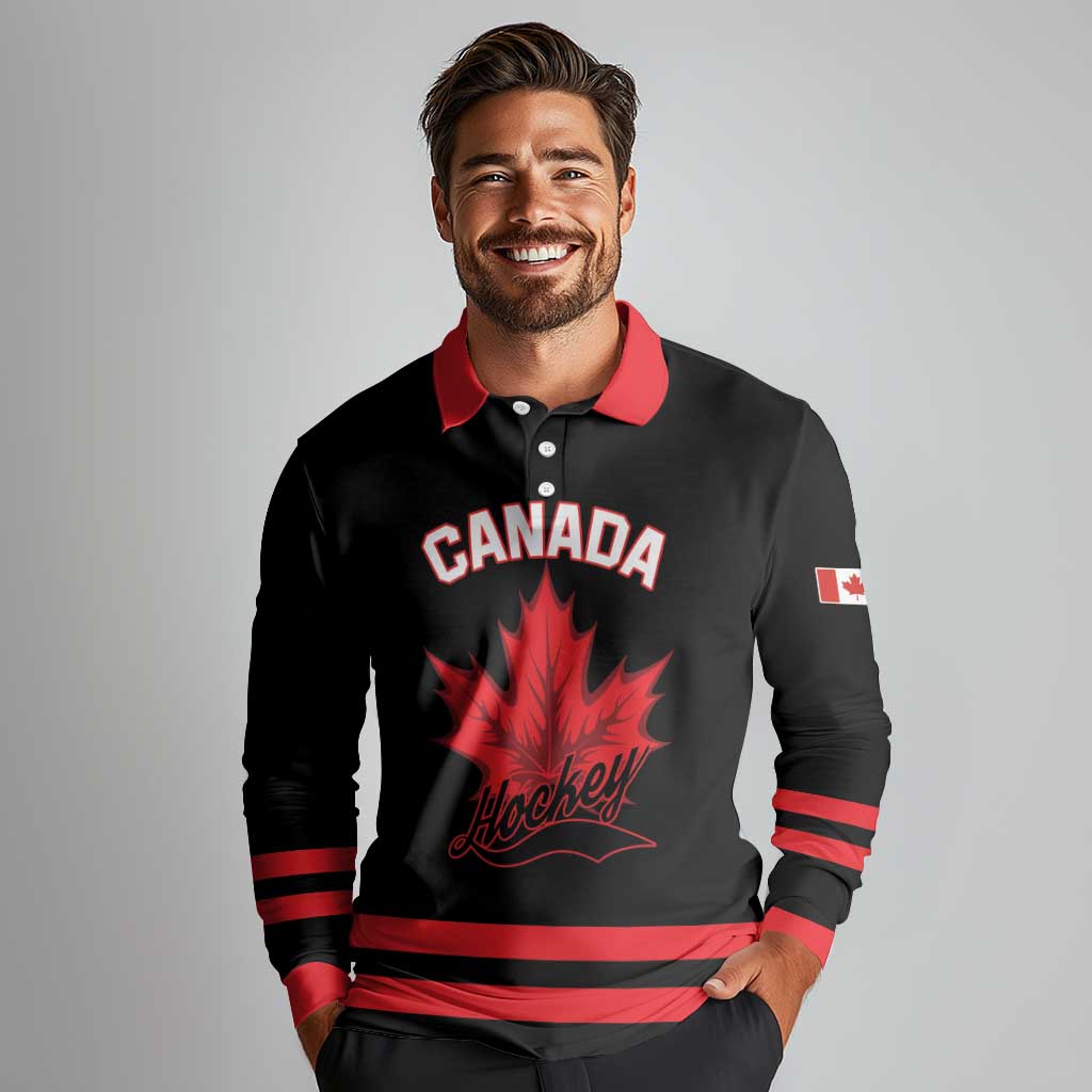 Custom Canada 2026 Hockey Long Sleeve Polo Shirt Team Maple Leaf Black Version - Wonder Print Shop