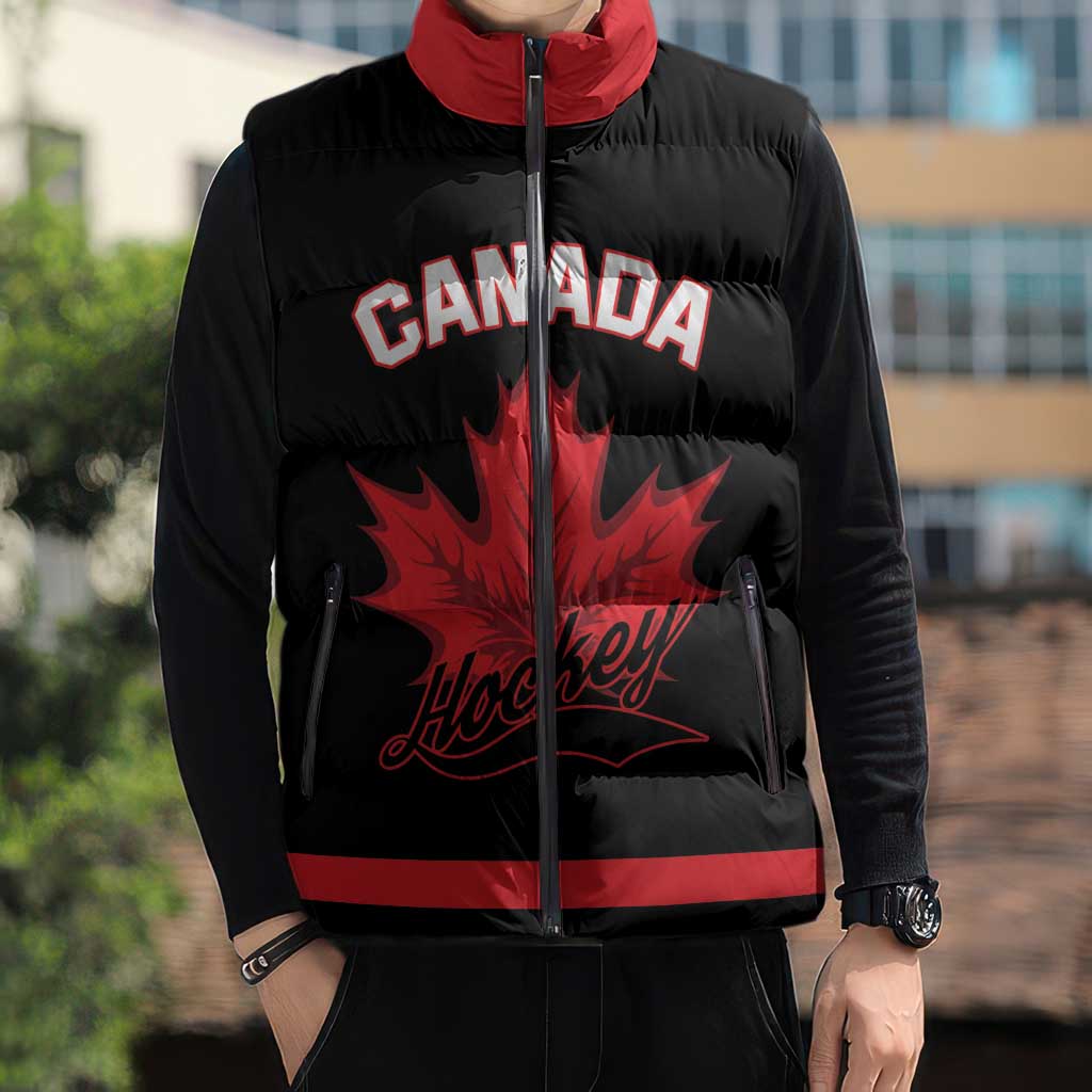 Custom Canada 2026 Hockey Sleeveless Puffer Jacket Team Maple Leaf Black Version - Wonder Print Shop