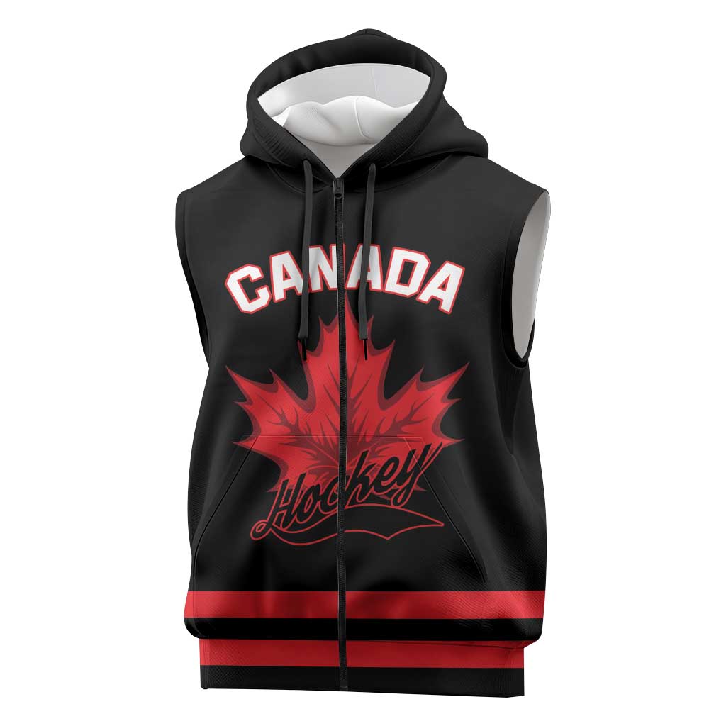 Custom Canada 2026 Hockey Sleeveless Zip Hoodie Team Maple Leaf Black Version - Wonder Print Shop