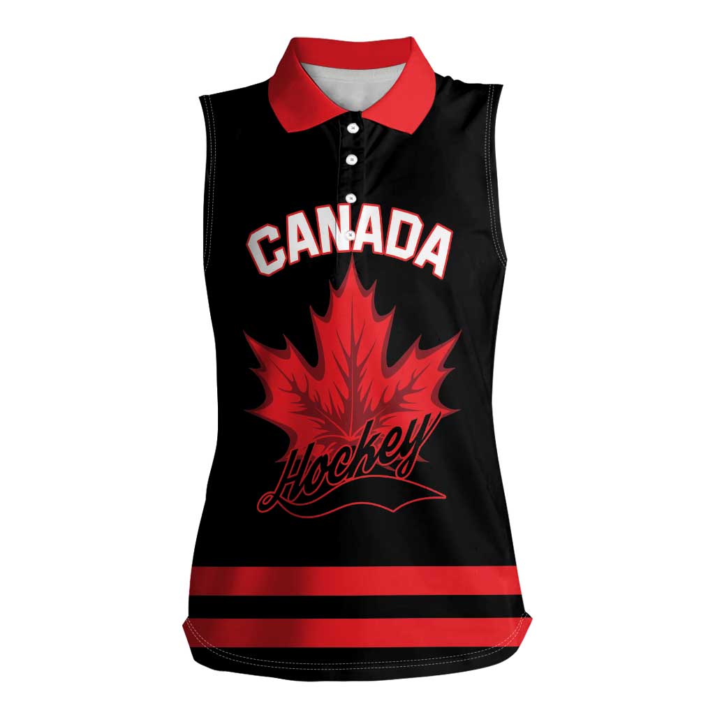 Custom Canada 2026 Hockey Women Sleeveless Polo Shirt Team Maple Leaf Black Version - Wonder Print Shop