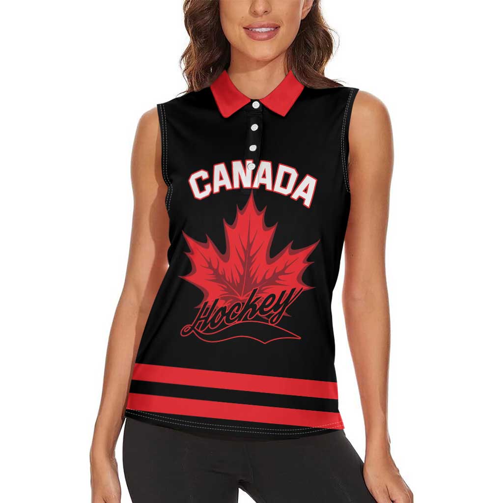 Custom Canada 2026 Hockey Women Sleeveless Polo Shirt Team Maple Leaf Black Version - Wonder Print Shop