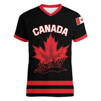 Custom Canada 2026 Hockey Women V-Neck T-Shirt Team Maple Leaf Black Version - Wonder Print Shop