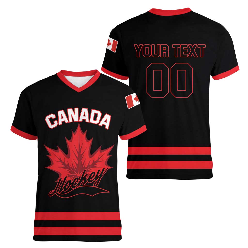 Custom Canada 2026 Hockey Women V-Neck T-Shirt Team Maple Leaf Black Version - Wonder Print Shop