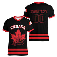 Custom Canada 2026 Hockey Women V-Neck T-Shirt Team Maple Leaf Black Version - Wonder Print Shop