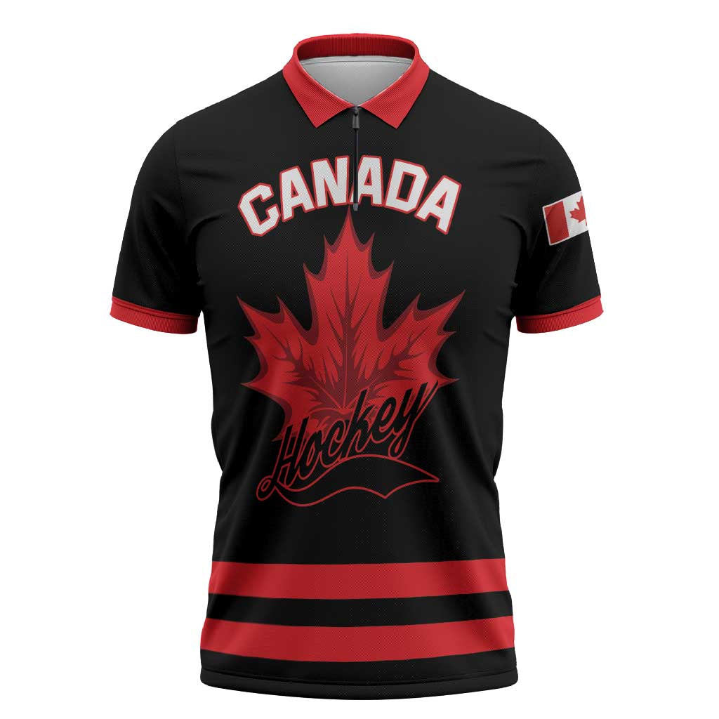 Custom Canada 2026 Hockey Zipper Polo Shirt Team Maple Leaf Black Version - Wonder Print Shop
