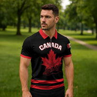 Custom Canada 2026 Hockey Zipper Polo Shirt Team Maple Leaf Black Version - Wonder Print Shop