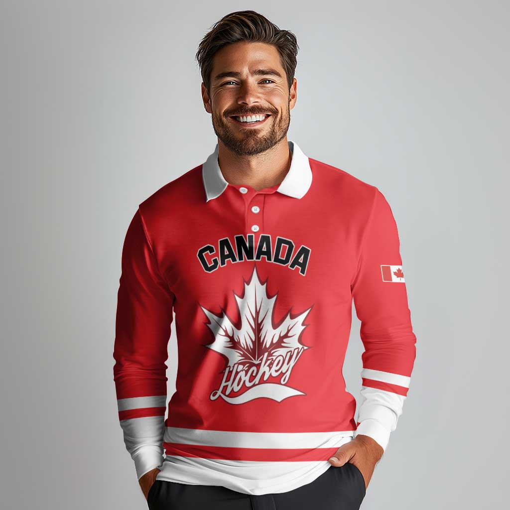 Custom Canada 2026 Hockey Long Sleeve Polo Shirt Team Maple Leaf Red Version - Wonder Print Shop