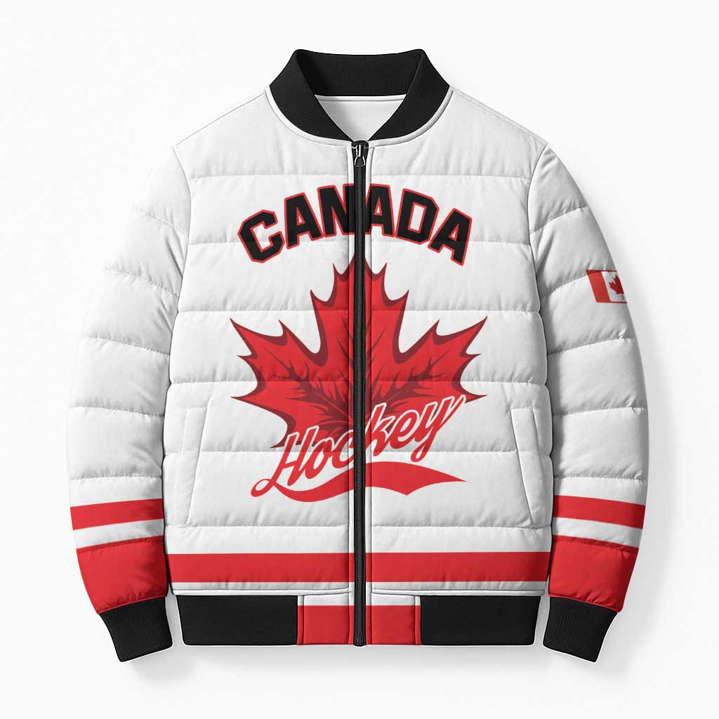 Custom Canada 2026 Hockey Bomber Puffer Jacket Team Maple Leaf White Version - Wonder Print Shop