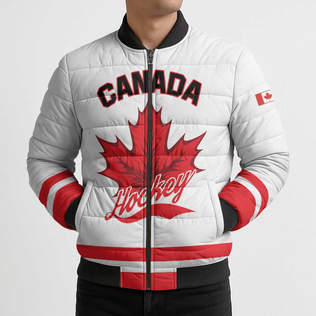 Custom Canada 2026 Hockey Bomber Puffer Jacket Team Maple Leaf White Version - Wonder Print Shop