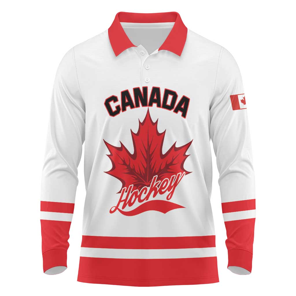 Custom Canada 2026 Hockey Long Sleeve Polo Shirt Team Maple Leaf White Version - Wonder Print Shop
