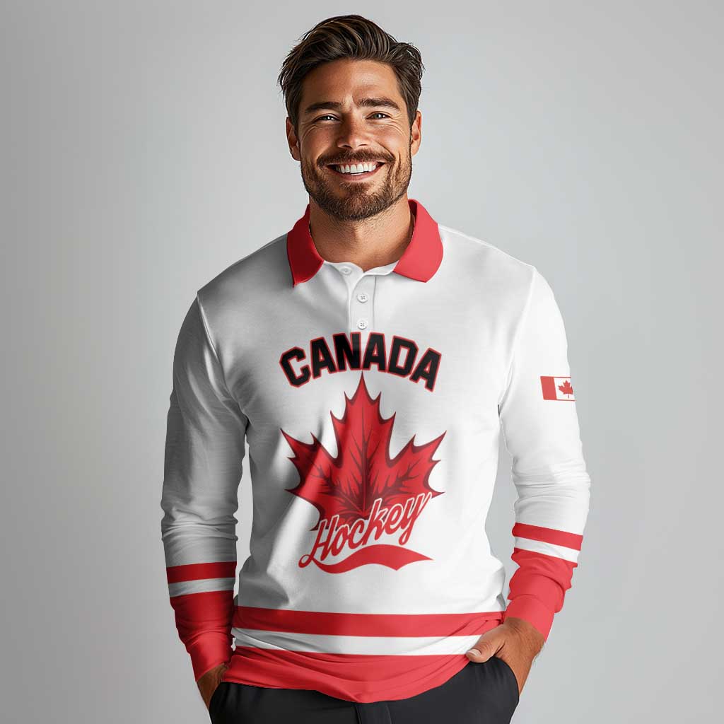 Custom Canada 2026 Hockey Long Sleeve Polo Shirt Team Maple Leaf White Version - Wonder Print Shop