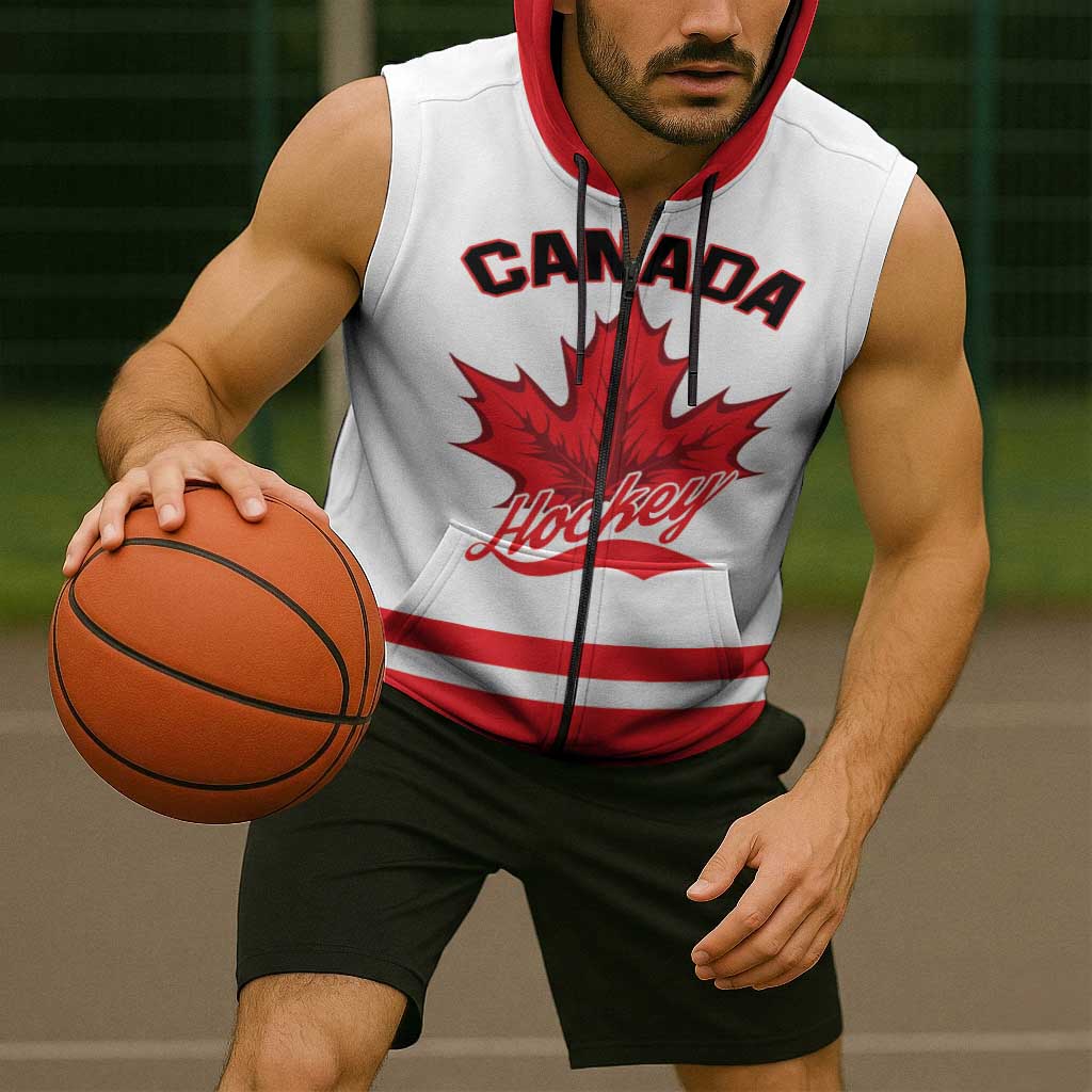 Custom Canada 2026 Hockey Sleeveless Zip Hoodie Team Maple Leaf White Version - Wonder Print Shop