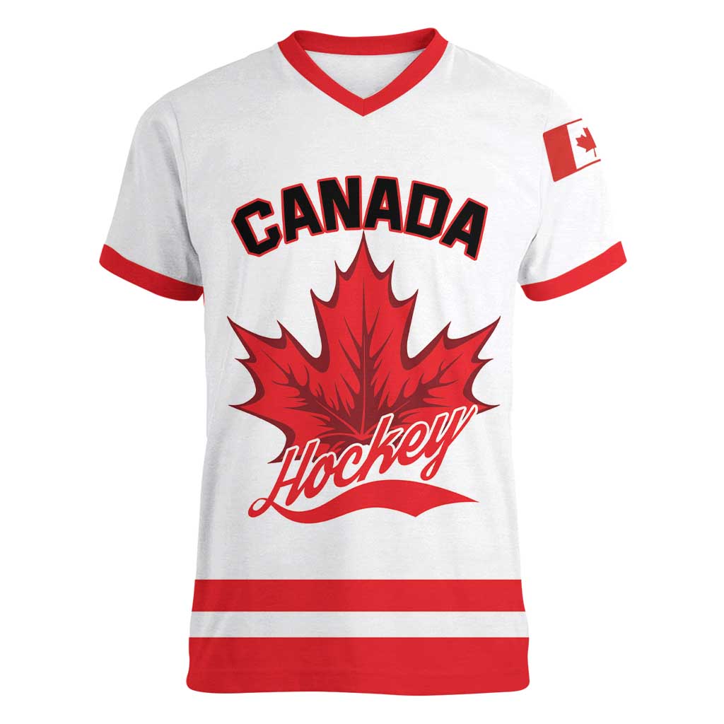 Custom Canada 2026 Hockey Women V-Neck T-Shirt Team Maple Leaf White Version - Wonder Print Shop